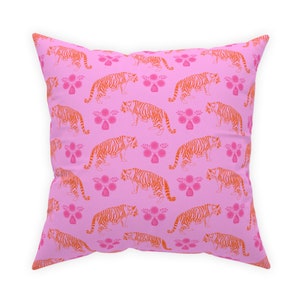 Pink & Orange Tiger and Floral Block Print Pillow v2 | Dorm Decor for College Girls | Throw Pillows for Couch | Home Decor