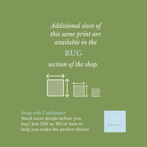Puede incluir: Un gr&aacute;fico informativo de color verde oliva con texto en blanco que dice: Additional sizes of this same print are available in the RUG section of the shop. Tres iconos cuadrados con flechas indican variaciones de tama&ntilde;o. El texto inferior dice: Shop with Confidence Need more details before you buy? Just DM us. We&rsquo;re here to help you make the perfect choice! Un peque&ntilde;o logo cuadrado azul claro con un icono de flor y el texto Elizabeth Mae & Co. est&aacute; en la esquina.