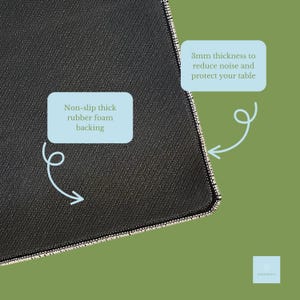Non-slip thick rubber foam backing. 3mm thickness to reduce noise and protect your table.