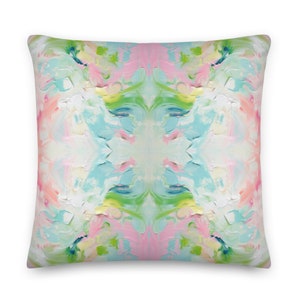 Blue, Pink & Green Fountain Impressionistic Pillow v2 | 18”x18” | Dorm Decor for College Girls | Home Decor