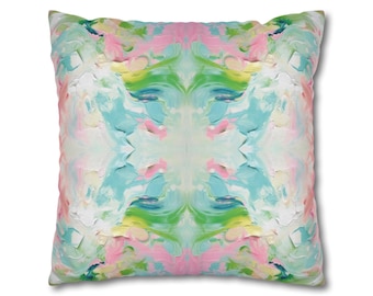 Blue, Pink & Green Fountain Impressionistic Pillow Cover | Dorm Decor for College Girls | Home Apartment Decor | Throw Pillows for Couch