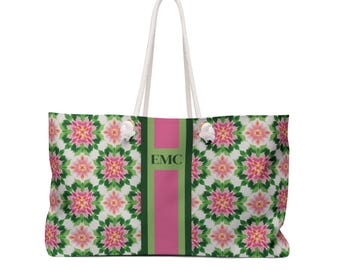 Green, Pink & Orange Floral Kaleidoscope Mahjong Tote | Custom Monogram Racing Stripe | Large Rope Handle Beach Bag | Preppy Gift