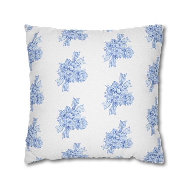 Blue on White Peonies & Double Bows Reversible Pillow Cover | Dorm Decor for College Girls | Coquette Room Decor | Throw Pillows for Couch