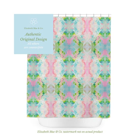 Blue, Pink & Green Fountain Impressionistic Cloth Shower Curtain | Bathroom Home Decor | Dorm and Apartment Decor for College Girls