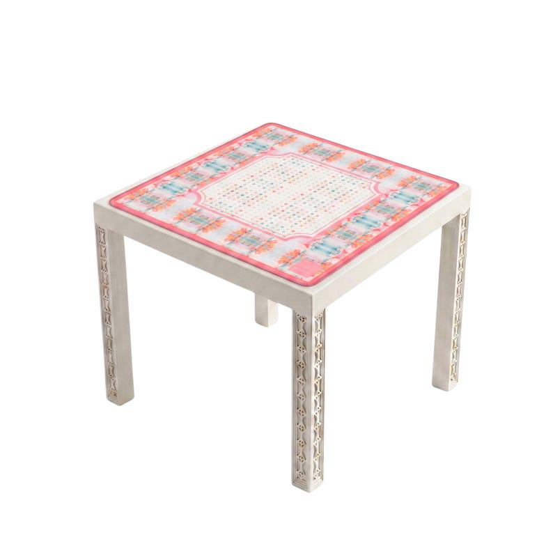 Blue, Orange & Pink Sandcastle Sunrise Mahjong Mat | 31.5in x 31.5in | 3mm | Non-Neoprene | With Storage Bag on a table
