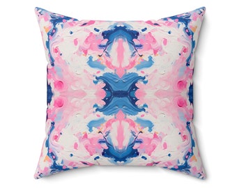 Blue & Pink Dancing Ruffles Impressionistic Square Pillow | 14”x14”, 16”x16”, 18”x18”, 20”x20” | Dorm Decor for College Girls