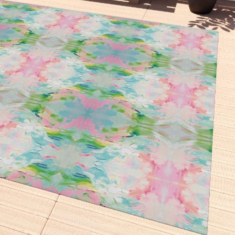 Blue, Pink & Green Fountain Impressionistic Chenille Rug
- 100% polyester chenille front
- Low pile height
- Hemmed edges
- No skid polyester backing
- Stiff, lay-flat design