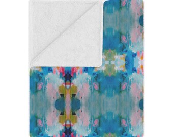 Blue, Pink & Green Sunken Gardens Minky Blanket | Dorm Decor for College Girls | Gift for Teen and College Girls