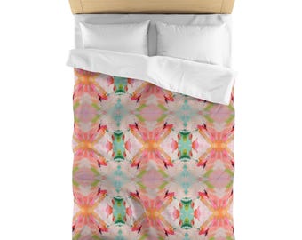 Pink, Green & Orange Citrus Starburst Duvet Cover | Dorm Decor for College Girls | Bedding for Girls