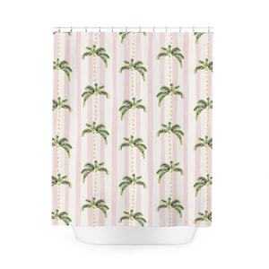 Pink & Green Palm Tree Stripes Destin Cloth Shower Curtain | Bathroom Home Decor | Dorm and Apartment Decor for College Girls