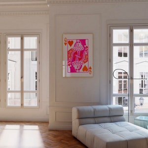 Impression mate rehaussée de cartes à jouer orange et rose Reine de coeur - superbe décoration de dortoir pour filles, art mural, cadeau de diplômé, couleurs vives