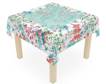 Pagoda Garden Mahjong Tablecloth | Chinoiserie | Mahjong Table Cover | Mahjong Hosting Decor | Mahjong Gift | Summer Mahjong | 55 in x 55 in