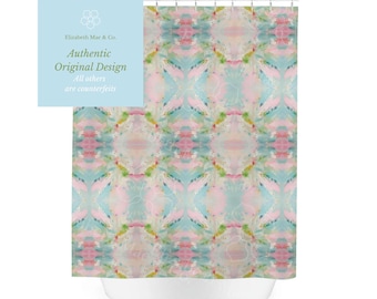 Blue, Green & Pink Pagoda Cloth Shower Curtain | Bathroom Home Decor | Dorm and Apartment Decor for College Girls
