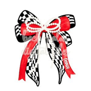May include: A decorative bow featuring a black and white checkered pattern combined with solid red ribbon sections. The bow is accented with a draped string of white pearls and includes the word devius printed in white on one of the red tails.