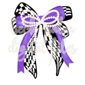 May include: A decorative bow featuring a checkered pattern in black and white, with a vibrant purple center and accents. The bow is adorned with a string of white pearls, creating a stylish and eye-catching design.
