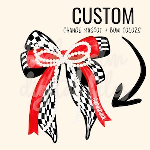 May include: A custom bow design featuring a red and black checkered pattern with a red ribbon and white pearl accents. The bow has the word "Cardinals" on a red ribbon. The text "CUSTOM CHANGE MASCOT + BOW COLORS" is at the top.