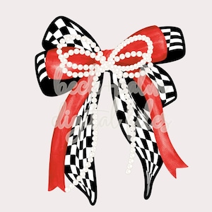 May include: A decorative bow featuring a red center and black and white checkered accents. White pearl strands cascade down the bow. The bow has a racing theme.
