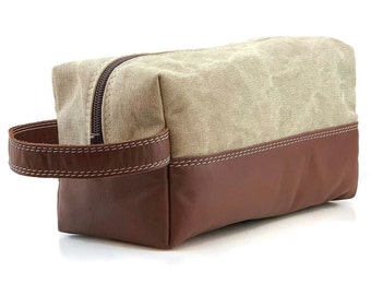 Personalized groomsmen gift. Leather toiletry bag. Leather and Waxed cotton canvas bag. Christmas Gift. Toiletry kit. Mens Gift Husband Gift