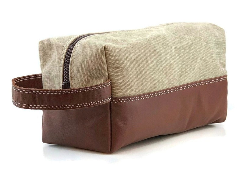 Personalized groomsmen gift. Leather toiletry bag. Leather and Waxed cotton canvas bag. Christmas Gift. Toiletry kit. Mens Gift Husband Gift image 1