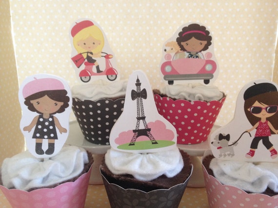 Paris France French Eiffel Tower Poodle Party Cupcake Topper