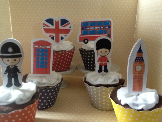 London, UK, British, England Party Cupcake Topper Decorations - Set of 10 Il_570xn