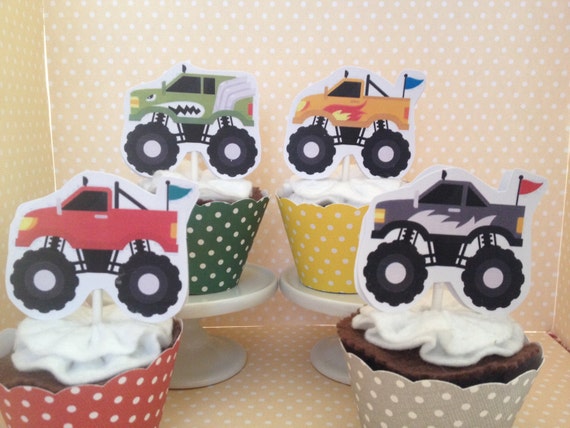 Monster Trucks Party Cupcake Topper Decorations Set Of 10 Etsy