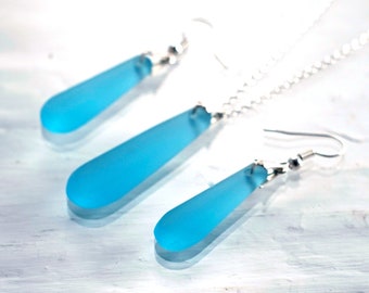 Gin Teardrop Earring and Necklace Set - Made from Recycled Bombay Sapphire Bottle - Blue Sea Glass Finish Pendant and Danglers