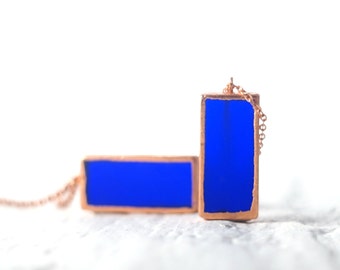 Recycled Riesling Bottle Pendant Necklace - Cobalt Blue Glass & Copper - Seaglass Finish - Upcycled White Wine Jewelry