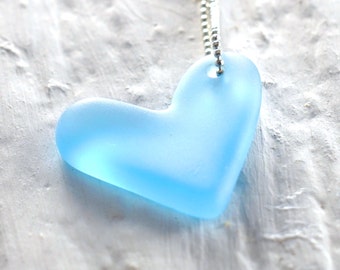 Blue Valentine Gin Bottle Heart - Recycled from Bombay Sapphire Bottle - Upcycled Glass Pendant - Sea Glass Finish