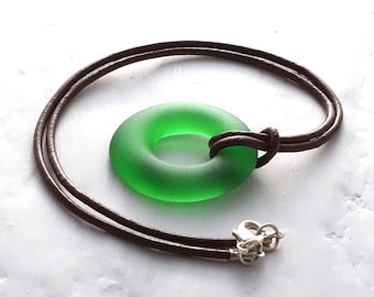 Irish Whiskey Pendant Necklace - Recycled Bottle - Emerald Green Sea Glass - Leather Cord - Upcycled Repurposed