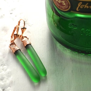Irish Whiskey Dangle Earrings - Recycled Jameson Bottle - Emerald Green Glass and Copper - Recycled Upcycled Repurposed Liquor Gift