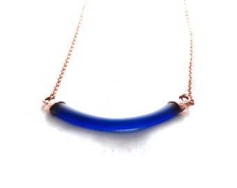 Recycled Riesling Wine Bottle Necklace - Melted Cobalt Blue Glass and Copper Pendant - Recycled Upcycled Repurposed