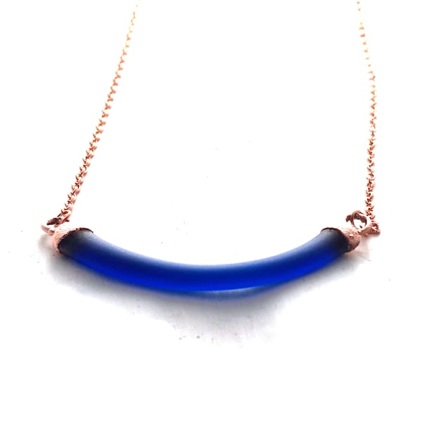 Recycled Riesling Wine Bottle Necklace - Melted Cobalt Blue Glass and Copper Pendant - Recycled Upcycled Repurposed