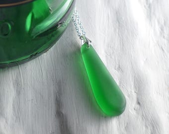Irish Whiskey Teardrop Pendant Necklace  - Recycled Bottle  - Emerald Green Sea Glass Finish - Upcycled Repurposed - Ireland Gift
