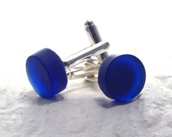 Recycled Wine Bottle Cuff Links - Upcycled Cobalt Blue Glass Cufflinks - Recycled Riesling Bottle Jewelry