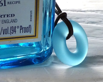 Gin Pendant - Recycled Bombay Sapphire Bottle - Leather Cord - Melted glass - Upcycled Jewelry - Recycled Liquor Bottle