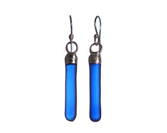 Recycled Riesling Wine Bottle Earrings - Melted Cobalt Blue Sea Glass Finish and Sterling Silver