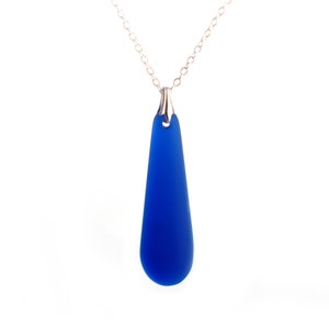 Cobalt Blue Recycled Glass Teardrop Pendant Necklace - Upcycled Riesling Wine Bottle - Seaglass Finish - Repurposed