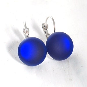Cobalt Blue Drop Earrings - Recycled Riesling Wine Bottle - Sea Glass Finish