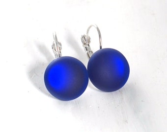 Cobalt Blue Drop Earrings - Recycled Riesling Wine Bottle - Sea Glass Finish
