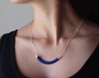 Recycled Riesling Wine Bottle Necklace - Melted Cobalt Blue Sea Glass Finish and Sterling Silver