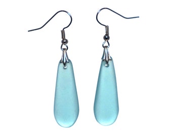 Gin Teardrop Dangle Earrings - Recycled Bombay Sapphire Bottle - Sea Glass Finish