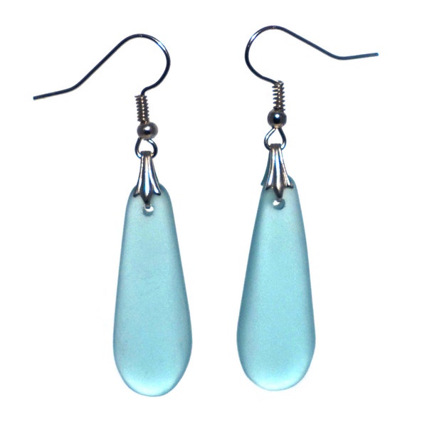 Gin Teardrop Dangle Earrings - Recycled Bombay Sapphire Bottle - Sea Glass Finish