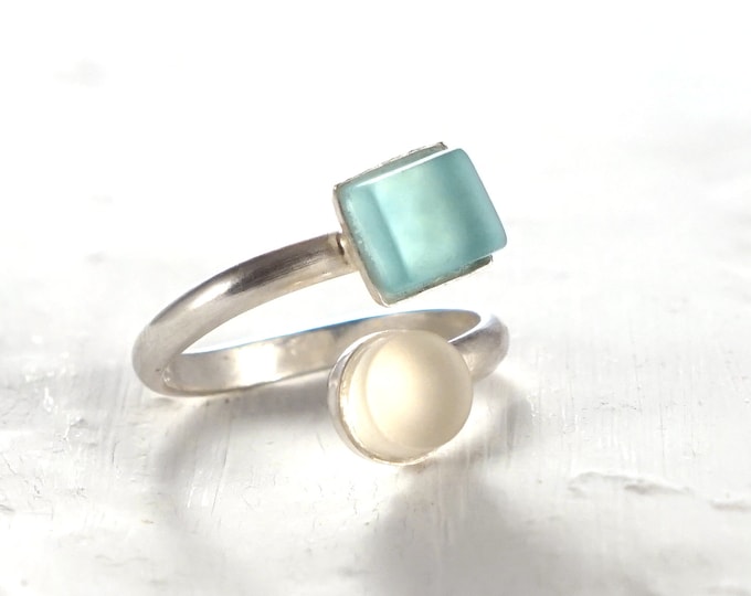 Gin and Tonic Open Ring - Made from Recycled Bombay Sapphire and Tonic Water Bottles - Sea Glass and Sterling Silver - Upcycled Repurposed
