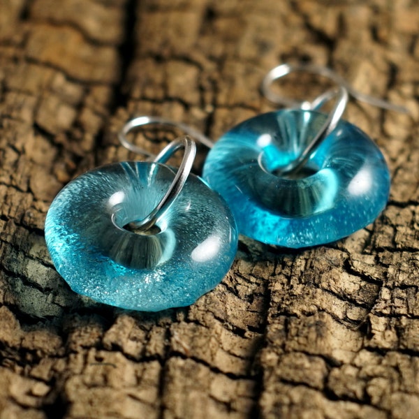 Earrings from Bombay Sapphire Gin Bottle - Melted glass - Recycled Liquor Bottle Jewelry - Boho - Blue Glass - Eco Friendly