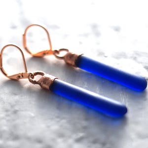 Recycled Riesling Wine Bottle Earrings - Melted Cobalt Blue Glass and Copper - Seaglass Finish - Recycled Liquor Bottle Jewelry