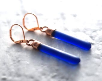 Recycled Riesling Wine Bottle Earrings - Melted Cobalt Blue Glass and Copper - Seaglass Finish - Recycled Liquor Bottle Jewelry