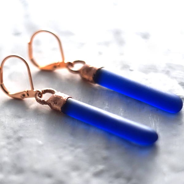 Recycled Riesling Wine Bottle Earrings - Melted Cobalt Blue Glass and Copper - Seaglass Finish - Recycled Liquor Bottle Jewelry