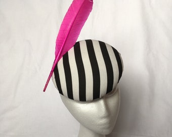 Black and white striped pillbox hat with different colour feather options  (Pandora)
