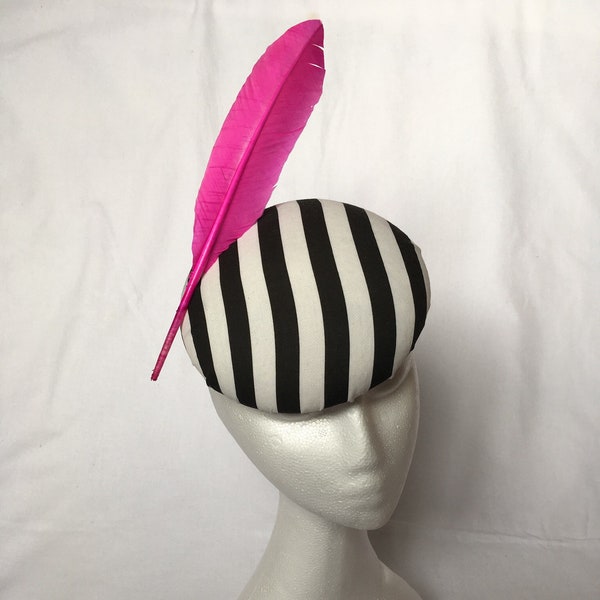 Black and white striped pillbox hat with different colour feather options  (Pandora)